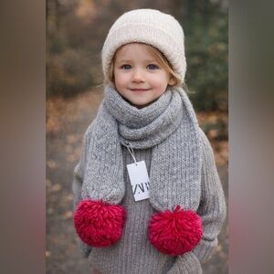 ZARA Grey Knit Scarf Pink Pom Poms OS NWT